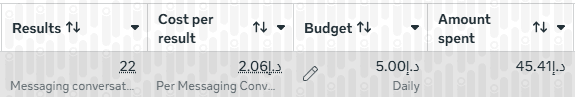 Ads Manager results for 22 conversations for AED 2.06 each